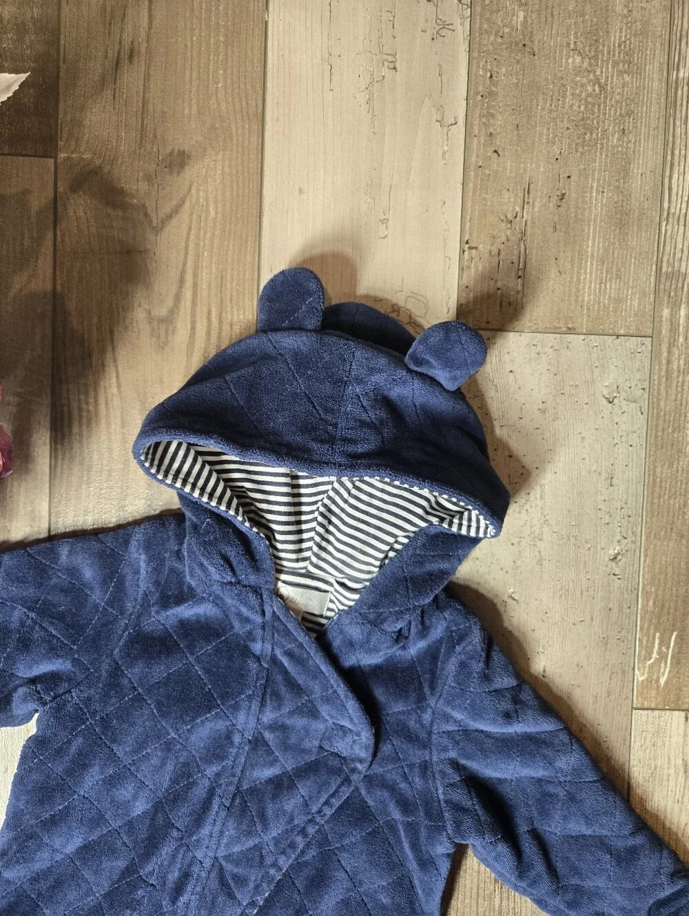 Quiltex Navy Blue Quilted Hooded Baby One‑Piece with Ears – Size 6/9 Months